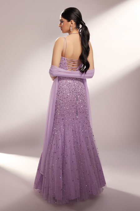 Shop Kiyohra Purple Net Sequins, Cut Work, Pearls Sweetheart Lilac Embroidered Lehenga Set at Aza Fashions Shop_Kiyohra_Purple Net Sequins, Cut Work, Pearls Sweetheart Lilac Embroidered Lehenga Set _at_Aza_Fashions