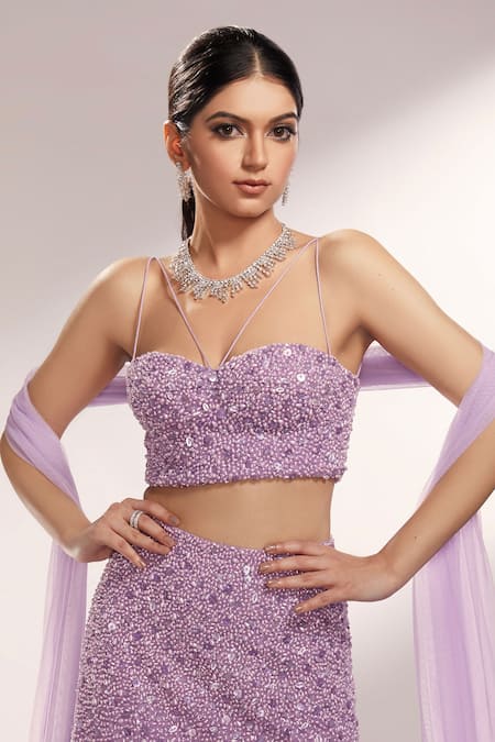 Shop Kiyohra Purple Net Sequins, Cut Work, Pearls Sweetheart Lilac Embroidered Lehenga Set Online at Aza Fashions Shop_Kiyohra_Purple Net Sequins, Cut Work, Pearls Sweetheart Lilac Embroidered Lehenga Set _Online_at_Aza_Fashions