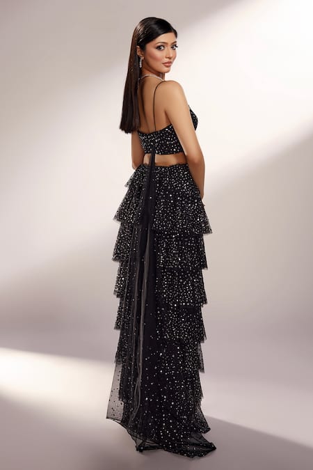 Shop_Kiyohra_Black Net Sequins Round Neck Steph Work Lehenga And Blouse Set _at_Aza_Fashions