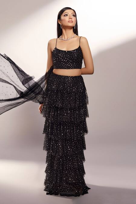 Kiyohra_Black Net Sequins Round Neck Steph Work Lehenga And Blouse Set _Online_at_Aza_Fashions