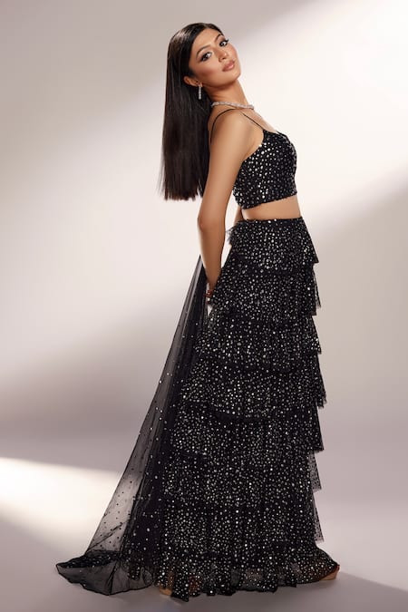 Buy_Kiyohra_Black Net Sequins Round Neck Steph Work Lehenga And Blouse Set _Online_at_Aza_Fashions