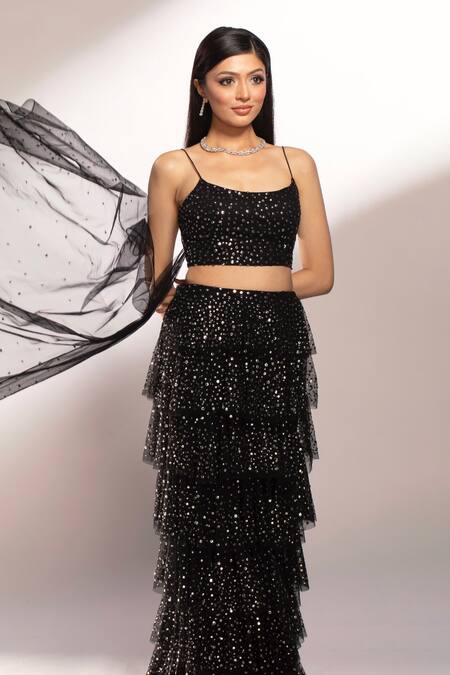 Shop_Kiyohra_Black Net Sequins Round Neck Steph Work Lehenga And Blouse Set _Online_at_Aza_Fashions