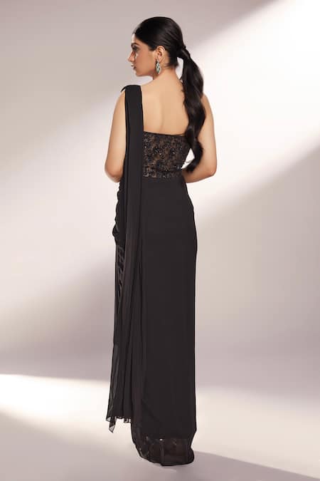 Shop_Kiyohra_Black Georgette Hand Embroidered Thread Sweetheart Neck Saree Gown _at_Aza_Fashions