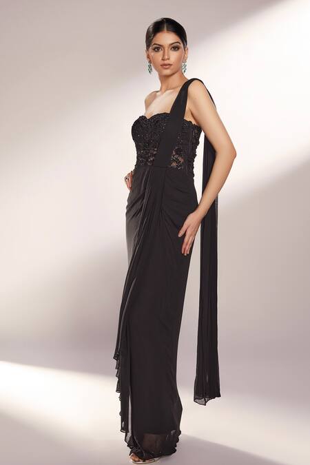 Shop_Kiyohra_Black Georgette Hand Embroidered Thread Sweetheart Neck Saree Gown _Online_at_Aza_Fashions