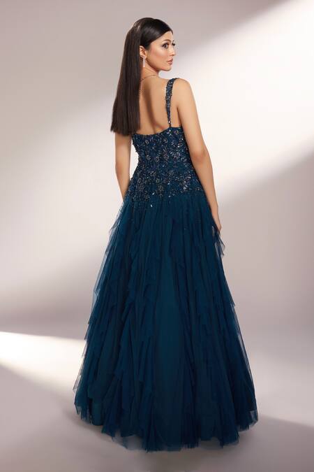 Shop_Kiyohra_Blue Net Embroidered Cut Dana Sweetheart Neck Vista Ruffle Gown _at_Aza_Fashions