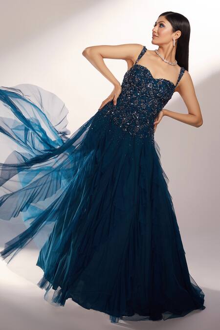 Kiyohra_Blue Net Embroidered Cut Dana Sweetheart Neck Vista Ruffle Gown _Online_at_Aza_Fashions