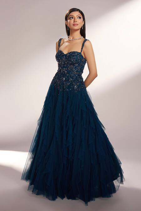 Buy_Kiyohra_Blue Net Embroidered Cut Dana Sweetheart Neck Vista Ruffle Gown _Online_at_Aza_Fashions