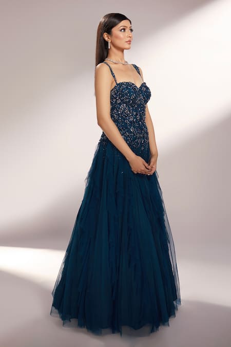 Shop_Kiyohra_Blue Net Embroidered Cut Dana Sweetheart Neck Vista Ruffle Gown _Online_at_Aza_Fashions