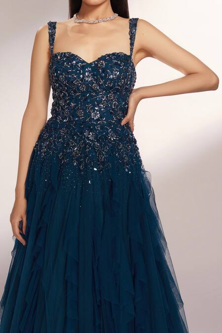 Kiyohra_Blue Net Embroidered Cut Dana Sweetheart Neck Vista Ruffle Gown _at_Aza_Fashions
