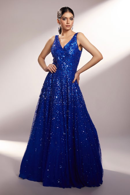 Glitter Blue Sequins Mermaid V Neck Backless Long Prom Dresses, Party  Dresses – trendtydresses