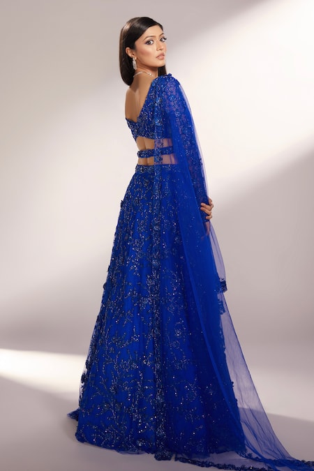 Shop_Kiyohra_Blue Net Embroidery, Cut Work V-neck Brienne 3d Flowers Bridal Lehenga Set _at_Aza_Fashions