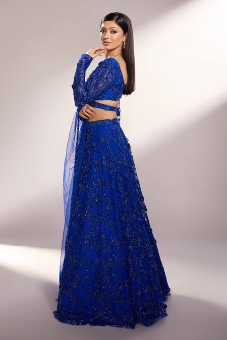 Kiyohra_Blue Net Embroidery, Cut Work V-neck Brienne 3d Flowers Bridal Lehenga Set _Online_at_Aza_Fashions