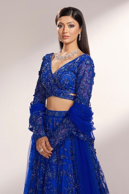 Shop_Kiyohra_Blue Net Embroidery, Cut Work V-neck Brienne 3d Flowers Bridal Lehenga Set _Online_at_Aza_Fashions