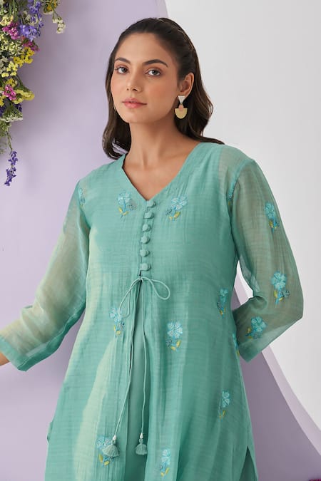 Shipraa Grover_Green Chanderi, Cotton Tassels, Embroidery Anaya Placement Overlay Pant Set _Online_at_Aza_Fashions