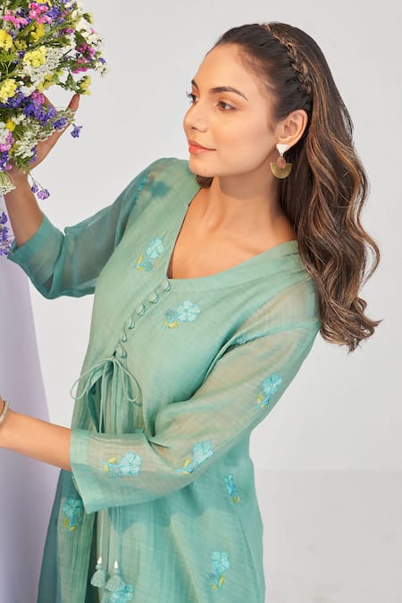 Buy_Shipraa Grover_Green Chanderi, Cotton Tassels, Embroidery Anaya Placement Overlay Pant Set _Online_at_Aza_Fashions