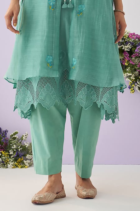 Shop_Shipraa Grover_Green Chanderi, Cotton Tassels, Embroidery Anaya Placement Overlay Pant Set _Online_at_Aza_Fashions