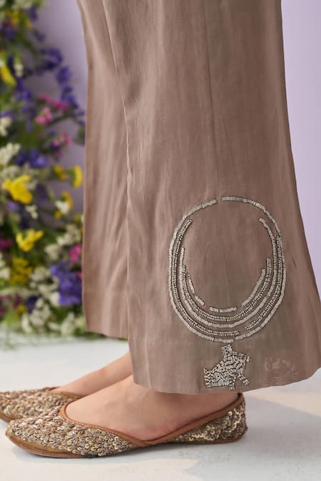 Shop_Shipraa Grover_Brown Chanderi, Muslin Beads Round Bhoomi Placement Embroidered Kurta And Pant Set _Online_at_Aza_Fashions