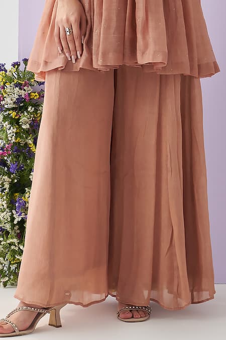 Shipraa Grover_Beige Chanderi, Chiffon Sequins, Embroidery Dhara Placket Overlay Sharara Set _Online_at_Aza_Fashions