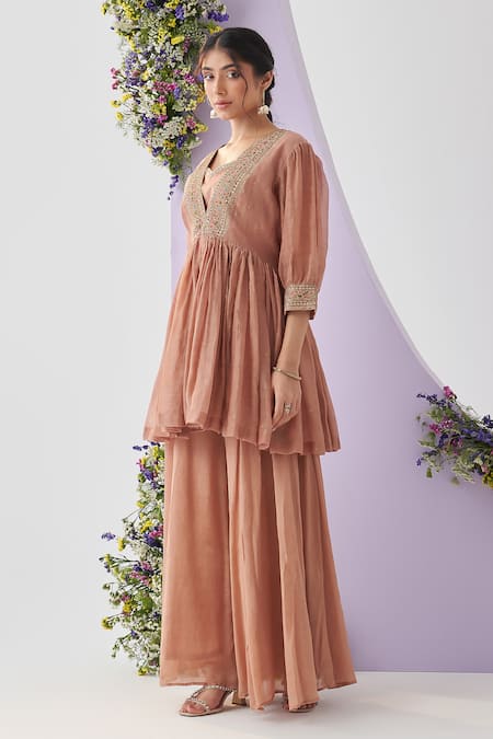 Buy_Shipraa Grover_Beige Chanderi, Chiffon Sequins, Embroidery Dhara Placket Overlay Sharara Set _Online_at_Aza_Fashions