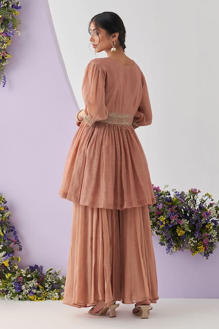 Shop_Shipraa Grover_Beige Chanderi, Chiffon Sequins, Embroidery Dhara Placket Overlay Sharara Set _Online_at_Aza_Fashions