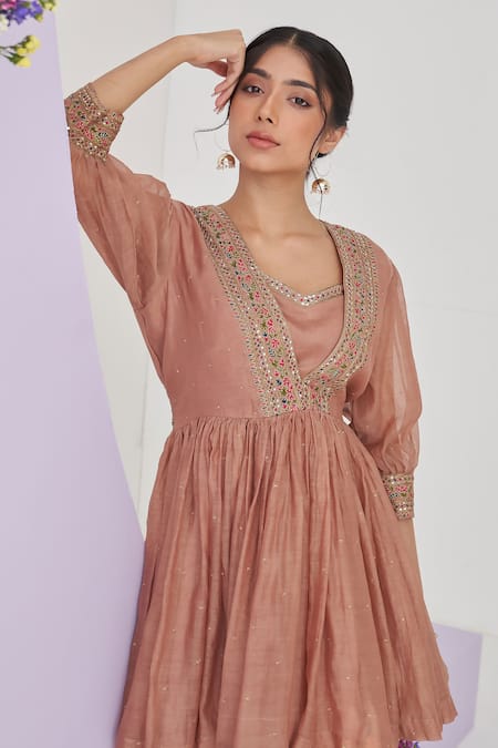 Shipraa Grover_Beige Chanderi, Chiffon Sequins, Embroidery Dhara Placket Overlay Sharara Set _at_Aza_Fashions