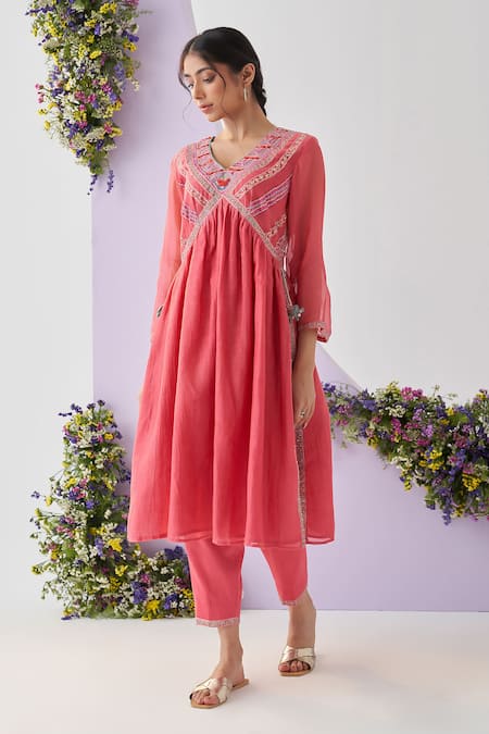 Buy Shipraa Grover Coral Chanderi, Cotton Embroidery V-neck Gulaab Resham Kurta And Pant Set Online at Aza Fashions Buy_Shipraa Grover_Coral Chanderi, Cotton Embroidery V-neck Gulaab Resham Kurta And Pant Set _Online_at_Aza_Fashions