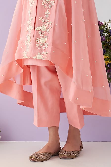 Shipraa Grover Pink Organza, Chanderi Pearls, Embroidery V-neck Komal Overlay Pant Set Online at Aza Fashions Shipraa Grover_Pink Organza, Chanderi Pearls, Embroidery V-neck Komal Overlay Pant Set _Online_at_Aza_Fashions