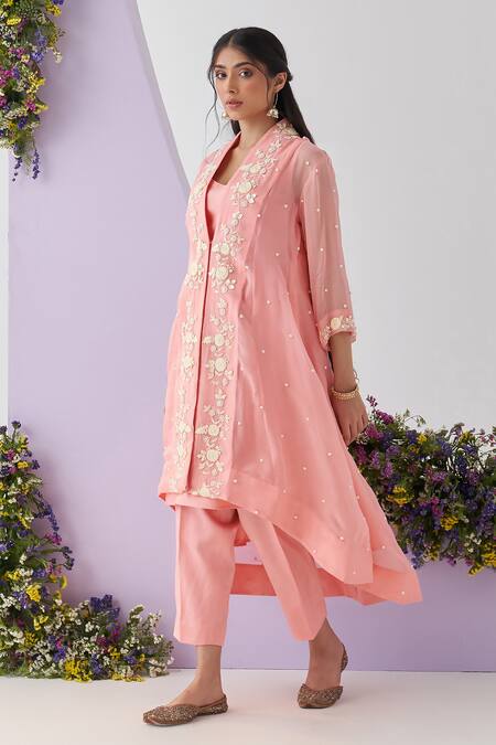 Buy Shipraa Grover Pink Organza, Chanderi Pearls, Embroidery V-neck Komal Overlay Pant Set Online at Aza Fashions Buy_Shipraa Grover_Pink Organza, Chanderi Pearls, Embroidery V-neck Komal Overlay Pant Set _Online_at_Aza_Fashions