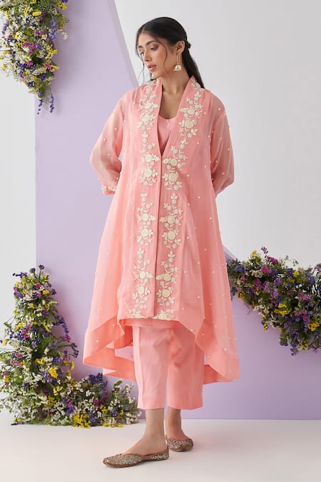 Shop Shipraa Grover Pink Organza, Chanderi Pearls, Embroidery V-neck Komal Overlay Pant Set Online at Aza Fashions Shop_Shipraa Grover_Pink Organza, Chanderi Pearls, Embroidery V-neck Komal Overlay Pant Set _Online_at_Aza_Fashions