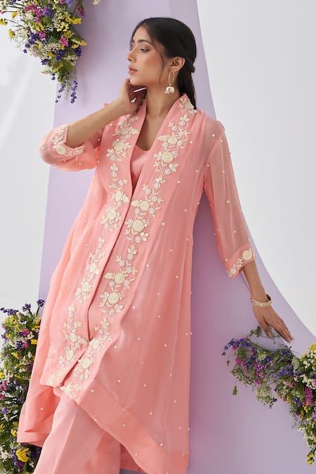 Shipraa Grover Pink Organza, Chanderi Pearls, Embroidery V-neck Komal Overlay Pant Set at Aza Fashions Shipraa Grover_Pink Organza, Chanderi Pearls, Embroidery V-neck Komal Overlay Pant Set _at_Aza_Fashions
