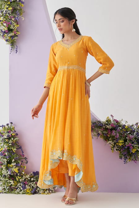 Shop_Shipraa Grover_Yellow Chanderi, Cotton Pearls, Sequins, Metallic Mukhi Embroidered Anarkali Set _Online_at_Aza_Fashions