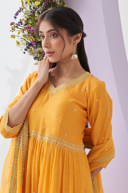 Shipraa Grover_Yellow Chanderi, Cotton Pearls, Sequins, Metallic Mukhi Embroidered Anarkali Set _at_Aza_Fashions