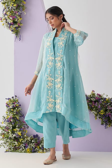 Shipraa Grover_Blue Organza, Chanderi Pearls, Embroidery Open Neck Nalini Overlay Pant Set _Online_at_Aza_Fashions