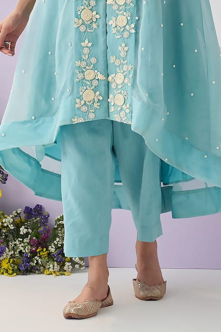 Buy_Shipraa Grover_Blue Organza, Chanderi Pearls, Embroidery Open Neck Nalini Overlay Pant Set _Online_at_Aza_Fashions