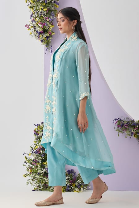 Shop_Shipraa Grover_Blue Organza, Chanderi Pearls, Embroidery Open Neck Nalini Overlay Pant Set _Online_at_Aza_Fashions