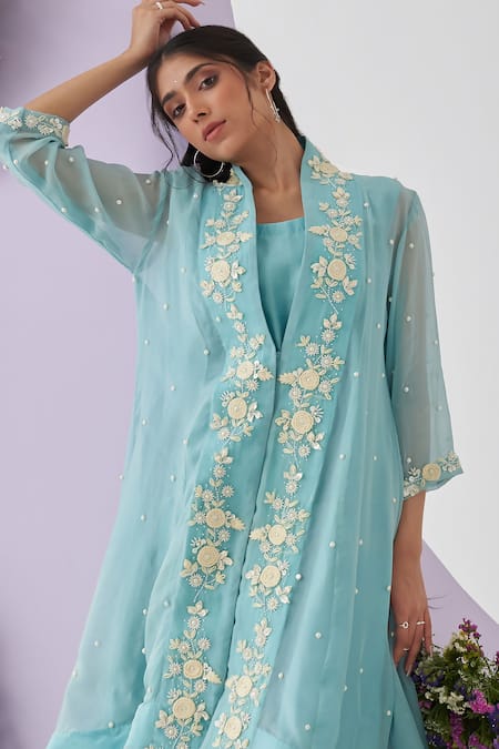 Shipraa Grover_Blue Organza, Chanderi Pearls, Embroidery Open Neck Nalini Overlay Pant Set _at_Aza_Fashions