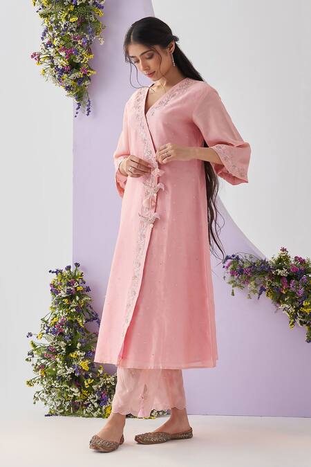 Shop Shipraa Grover Peach Chanderi, Organza Sequins, Pearls, Namrata Embellished Angrakha Set Online at Aza Fashions Shop_Shipraa Grover_Peach Chanderi, Organza Sequins, Pearls, Namrata Embellished Angrakha Set_Online_at_Aza_Fashions