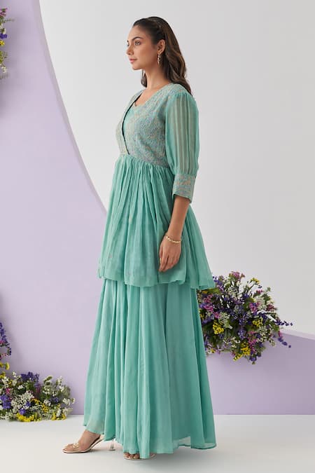 Buy_Shipraa Grover_Green Chanderi, Chiffon Embroidery V-neck Saira Resham Overlay Sharara Set _Online_at_Aza_Fashions