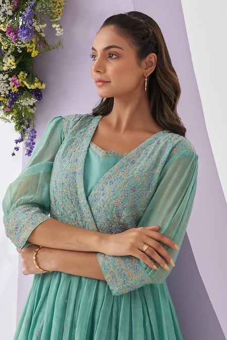 Shop_Shipraa Grover_Green Chanderi, Chiffon Embroidery V-neck Saira Resham Overlay Sharara Set _Online_at_Aza_Fashions