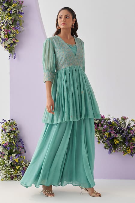 Shipraa Grover_Green Chanderi, Chiffon Embroidery V-neck Saira Resham Overlay Sharara Set _at_Aza_Fashions