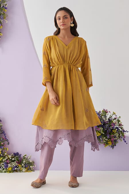 Shipraa Grover_Yellow Chanderi, Cotton Sequins, Metallic Suriya Embroidered Overlay Pant Set _Online_at_Aza_Fashions