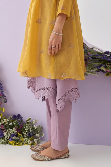 Buy_Shipraa Grover_Yellow Chanderi, Cotton Sequins, Metallic Suriya Embroidered Overlay Pant Set _Online_at_Aza_Fashions