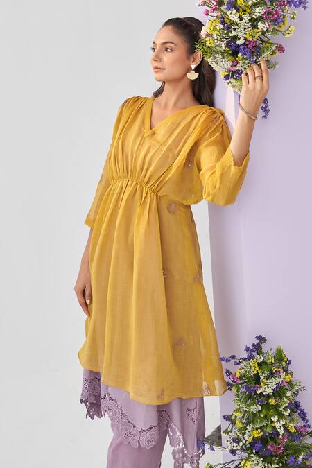 Shop_Shipraa Grover_Yellow Chanderi, Cotton Sequins, Metallic Suriya Embroidered Overlay Pant Set _Online_at_Aza_Fashions