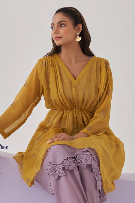 Shipraa Grover_Yellow Chanderi, Cotton Sequins, Metallic Suriya Embroidered Overlay Pant Set _at_Aza_Fashions