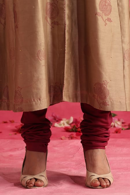 Weaver Story_Brown Chanderi Silk, Cotton, Organza Pomegranate Hand Block Print Anarkali Set _at_Aza_Fashions