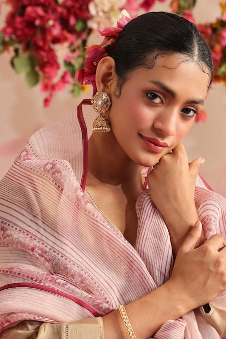 Buy_Weaver Story_Brown Chanderi Silk, Cotton, Organza Pomegranate Hand Block Print Anarkali Set 