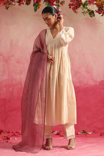 Buy_Weaver Story_Off White Chanderi Silk, Organza Embroidery, Lace, Mogra Pintuck Anarkali Set _Online_at_Aza_Fashions