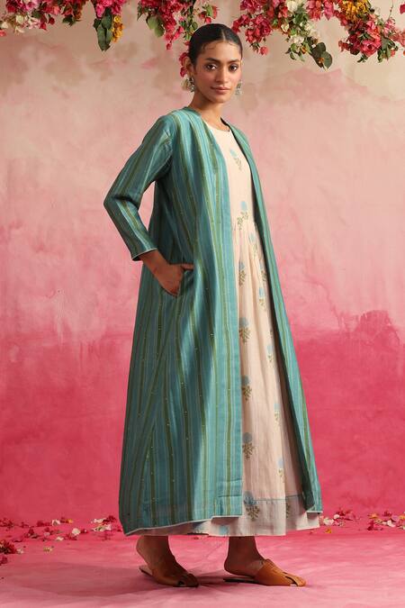 Shop_Weaver Story_White Chanderi Silk Embroidery Round Neck, Neelam Printed Dress With Jacket _Online_at_Aza_Fashions