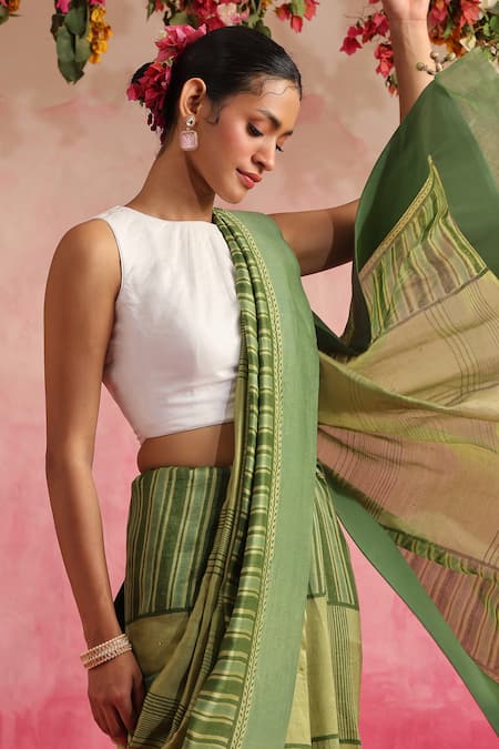 Buy_Weaver Story_White Cotton, Silk Round Neck Blouse _Online_at_Aza_Fashions