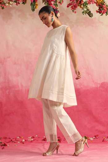 Buy_Weaver Story_White Chanderi Silk Embroidery Boat Neck Motiya Anarkali And Pant Set _Online_at_Aza_Fashions